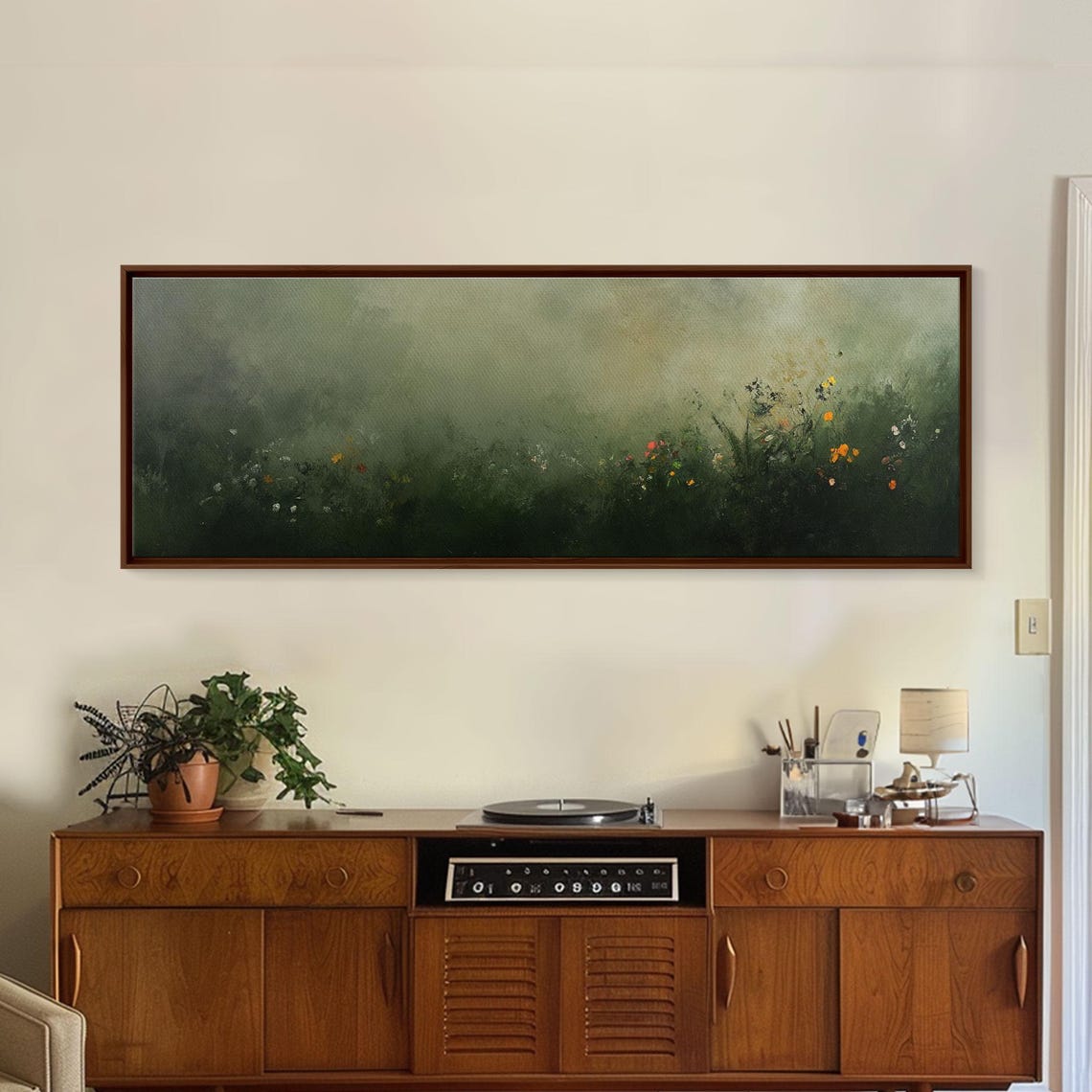 Fog Over Wildflowers Moody Muted Green Panoramic Painting Poster - Image 5