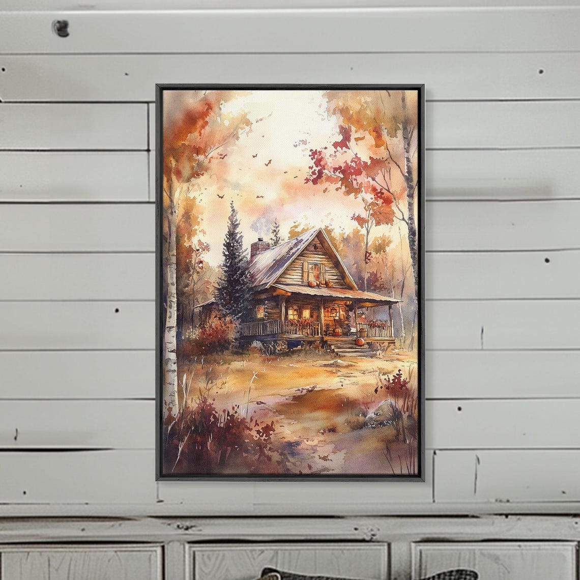 Rustic Autumn Woods Log Cabin Fall Foliage Warm Watercolor Poster