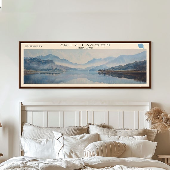 Chila Lagoon Framed Print Panoramic Lake House Decor Wide Wall Art Travel Poster Rustic Lake Painting Home Decor