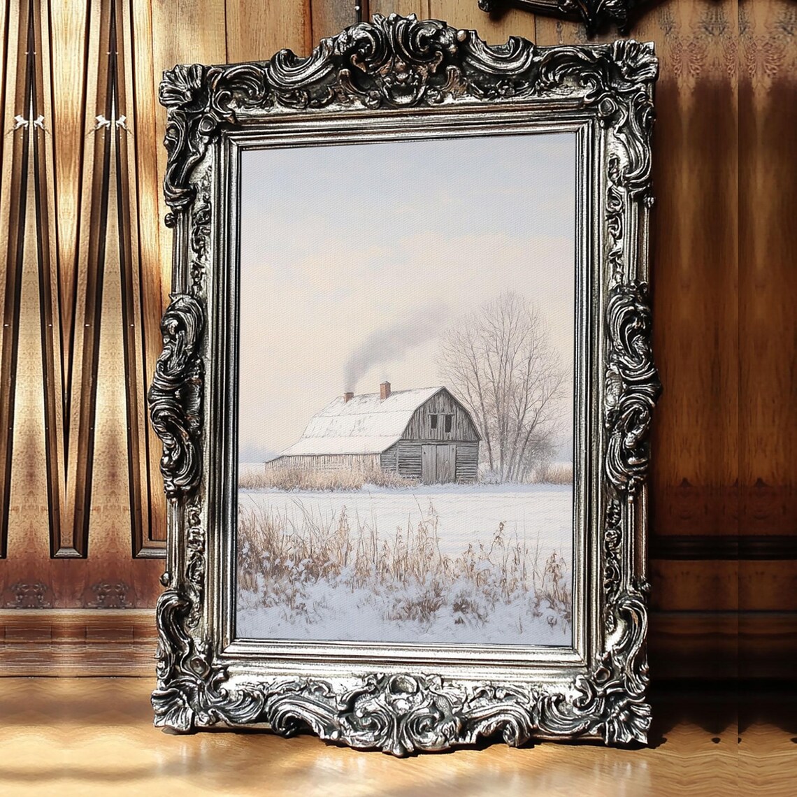 Rustic Old Barn Snowy Field Winter Dusk Minimalist Country Art Poster - Image 3