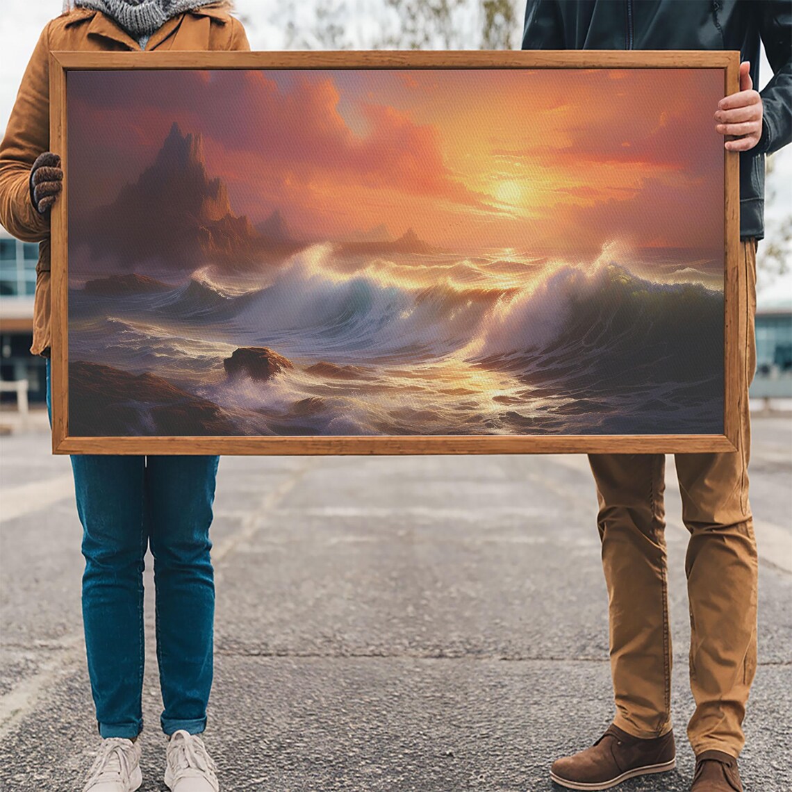 Dramatic Ocean Sunset Cliffs Crashing Waves Seascape Painting Wall Poster - Image 3