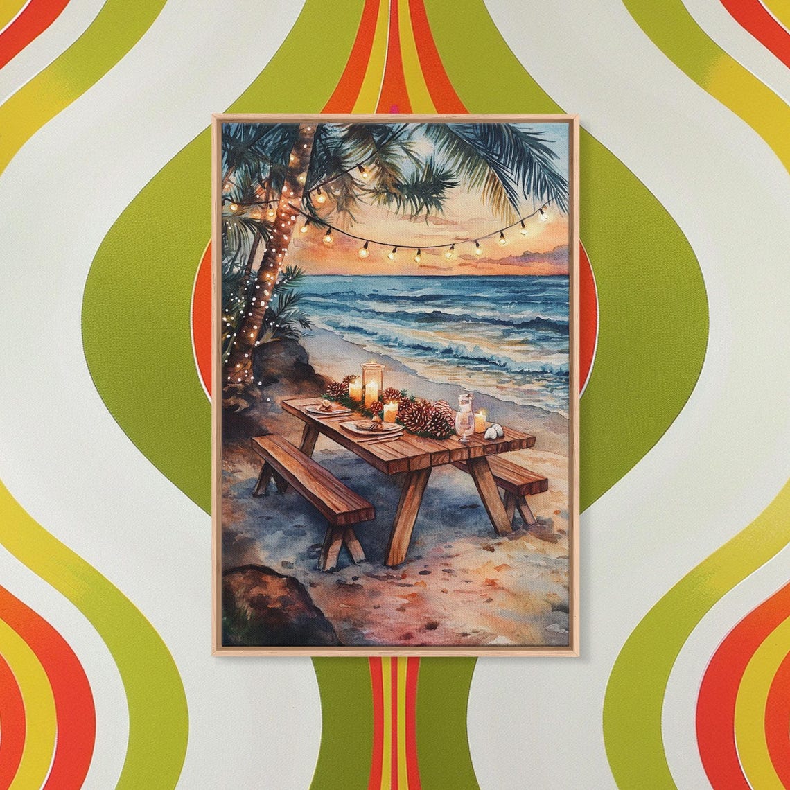 Sunset Beach Picnic Table With String Lights Ocean View Poster - Image 5