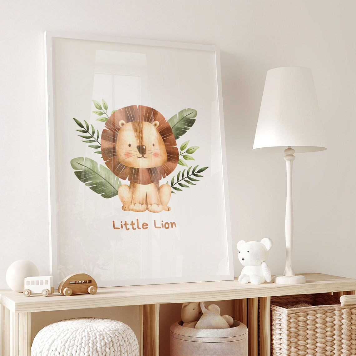 Little Lion Watercolor Tropical Leaves Cute Safari Nursery Poster - Image 2
