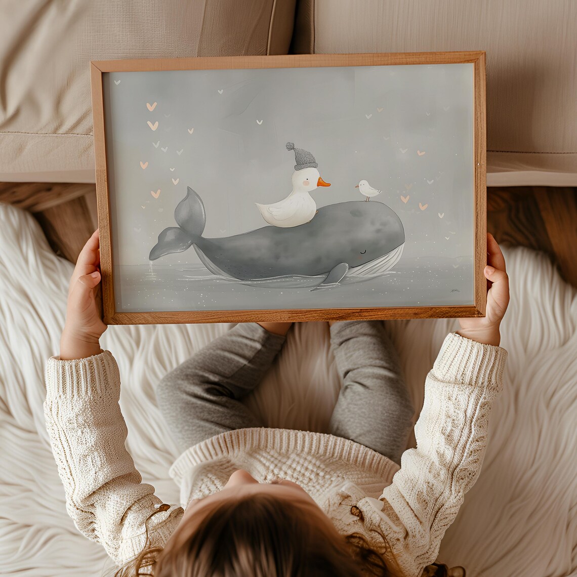 Whale Duck And Bird Gray Watercolor Whimsical Nursery Wall Poster - Image 3