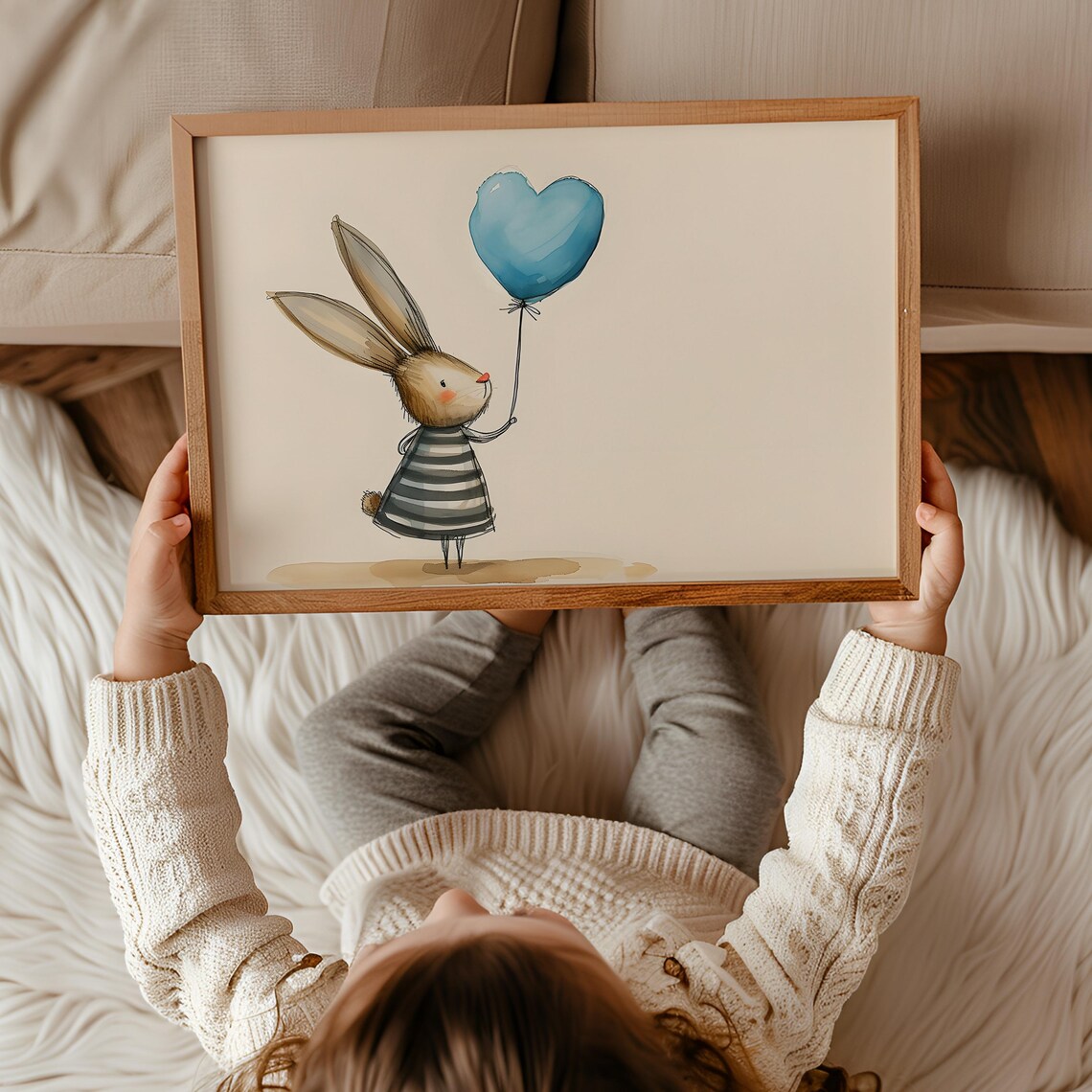 Bunny In Striped Dress With Heart Balloon Cute Nursery Wall Poster - Image 3