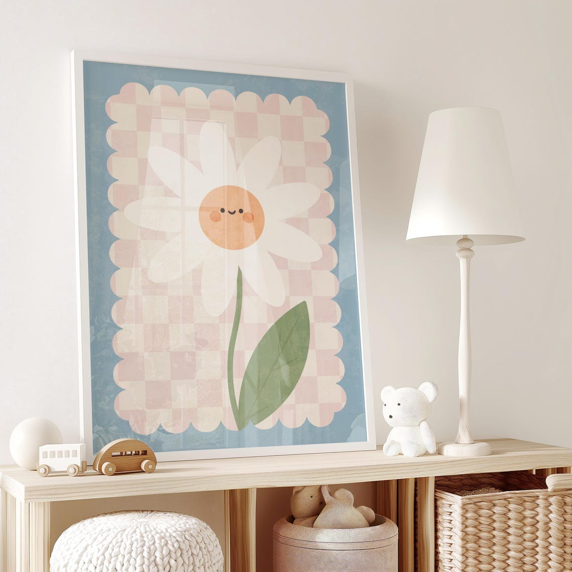Smiling Daisy Flower Pink Checkered Boho Kids Floral Art Poster - Image 2