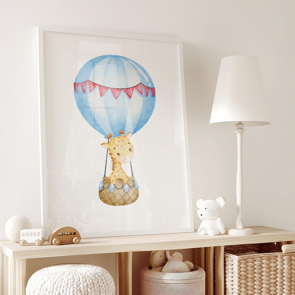 Baby Giraffe Riding In Hot Air Balloon Watercolor Nursery Poster - Image 2
