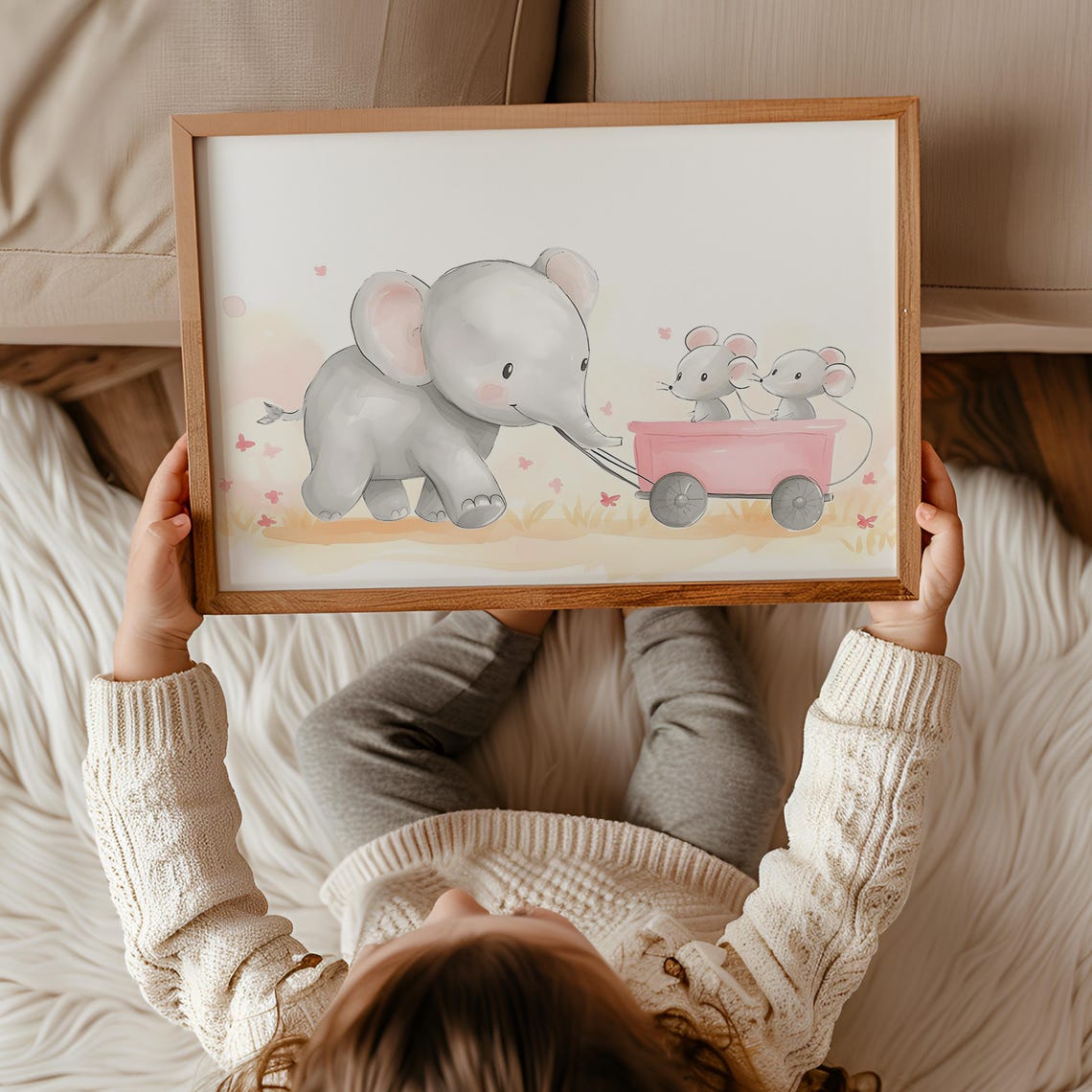 Baby Elephant Pulling Pink Wagon With Two Mice Nursery Poster - Image 3