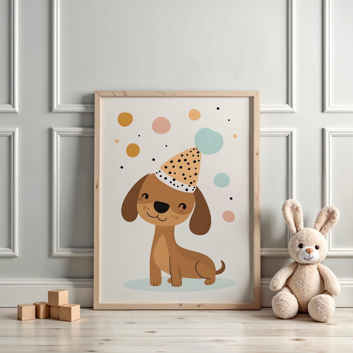 Grinning Brown Puppy in Party Hat With Confetti Circles Poster - Image 3