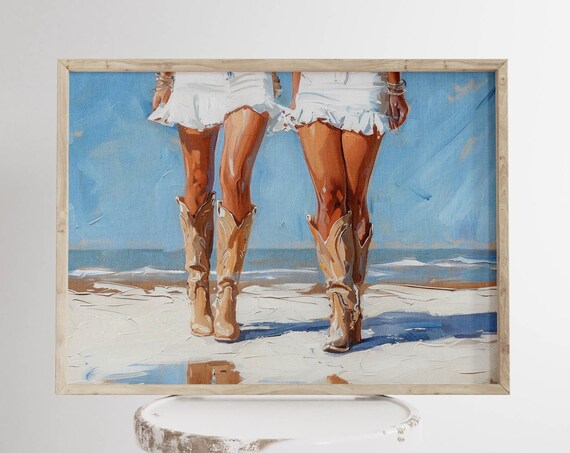 Coastal Cowgirl Boots Beach Oil Painting Western Summer Poster