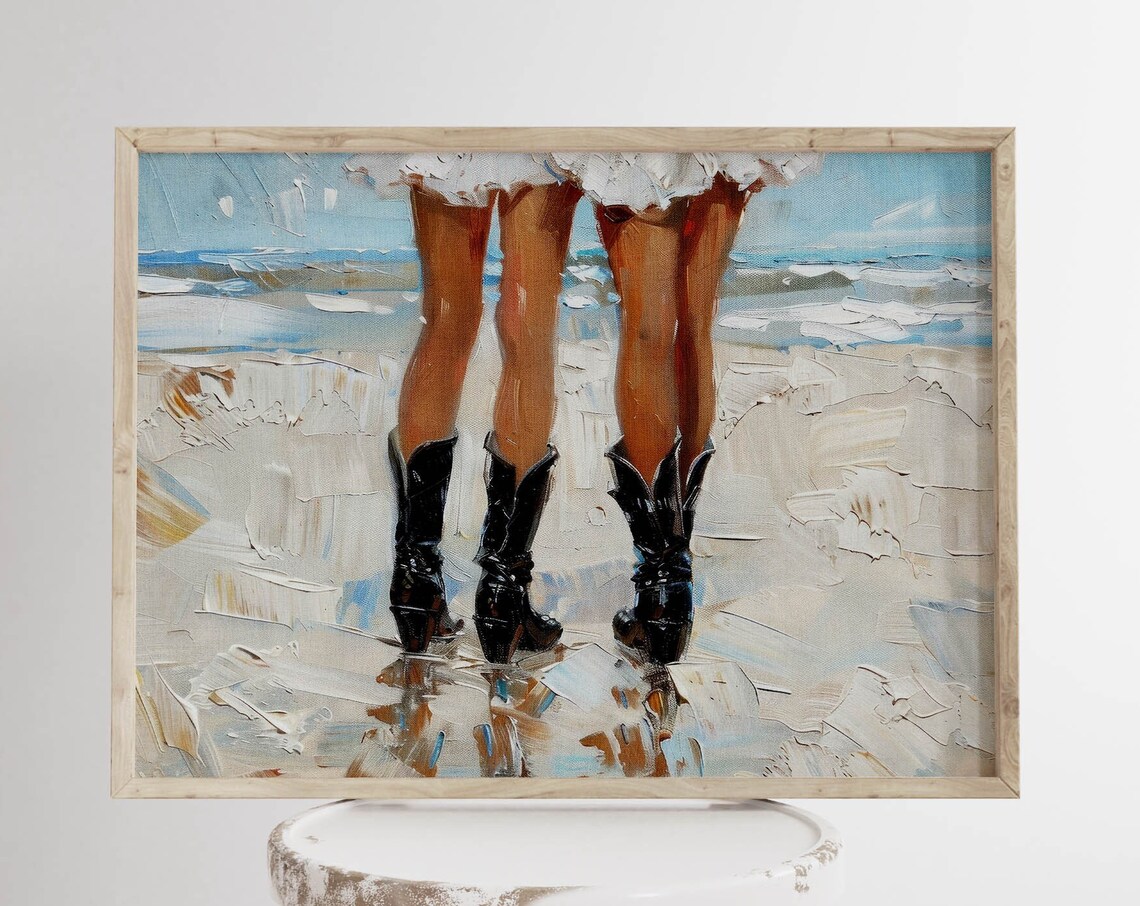 Coastal Cowgirl Beach Cowboy Boots Western Oil Painting Poster