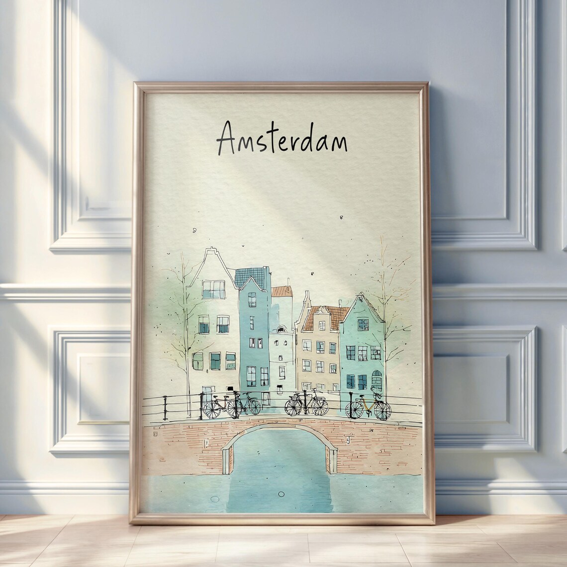 Amsterdam Watercolor Travel Poster, Minimal City Illustration