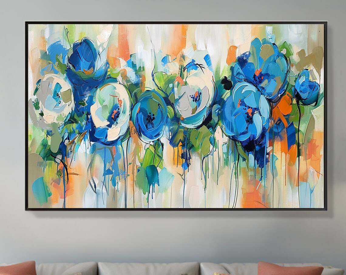 Blue Floral Blooms Green Orange Loose Abstract Flower Painting Poster