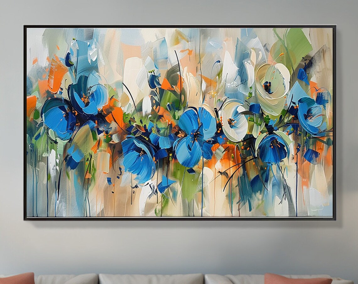 Loose Blue Orange and White Abstract Floral Bouquet Painting Poster