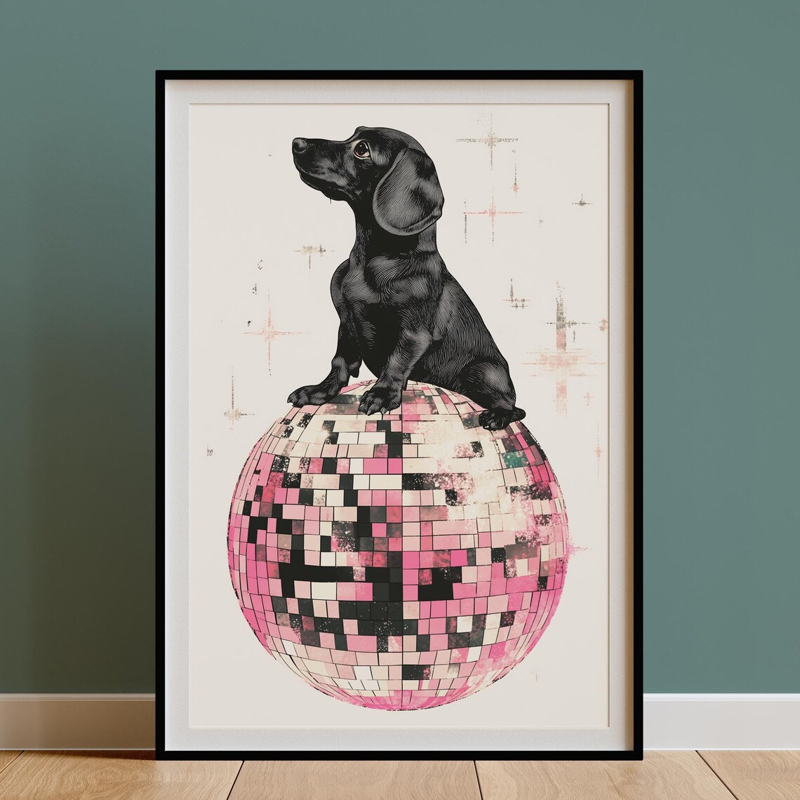 Black Dachshund Puppy Sitting on a Sparkly Disco Ball Star Poster