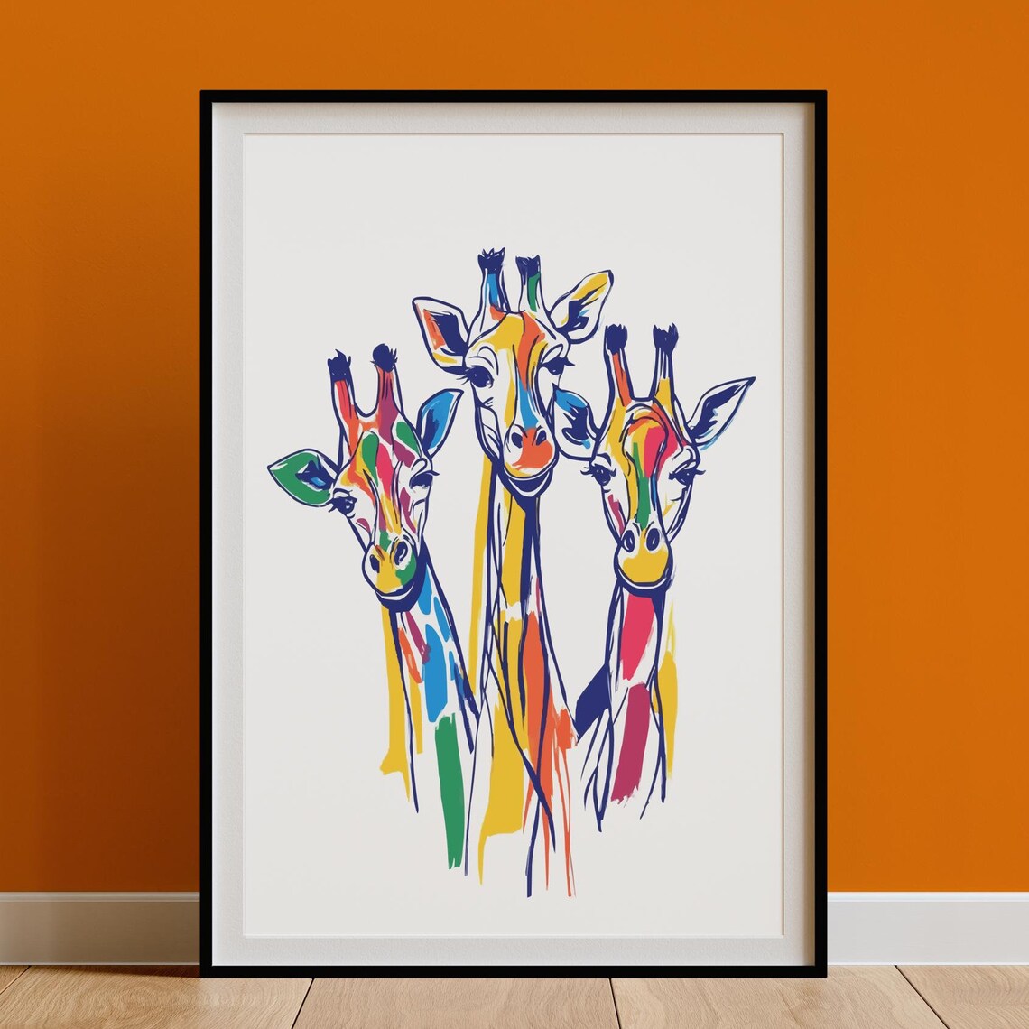 Three Rainbow Giraffes Paint Stroke Trio Portrait Poster Safari Art
