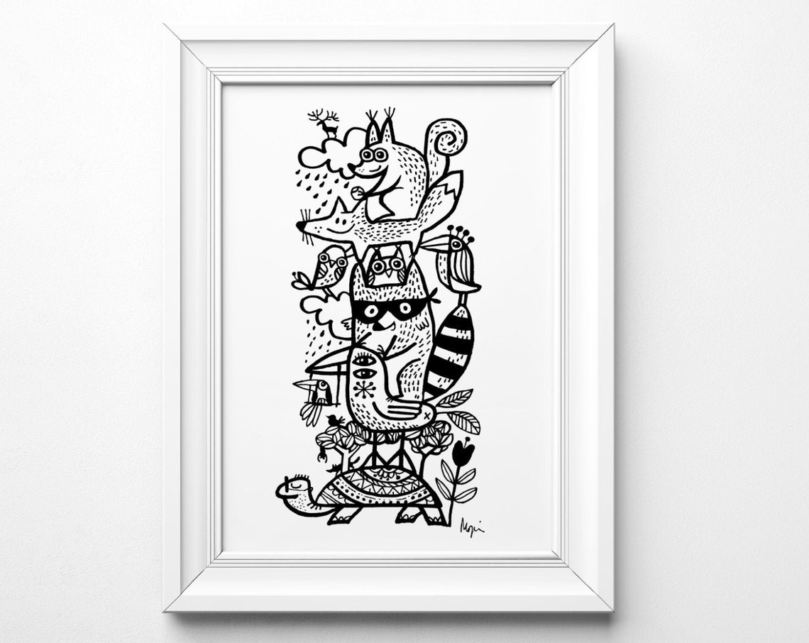 Stacked Woodland Animals Doodle Black and White Nursery Art Poster - Image 4