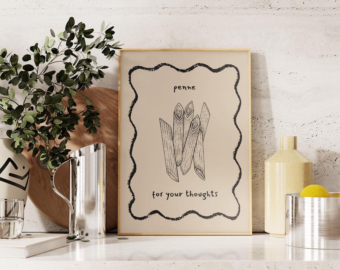 Penne For Your Thoughts Pasta Sketch Punny Kitchen Decor Poster