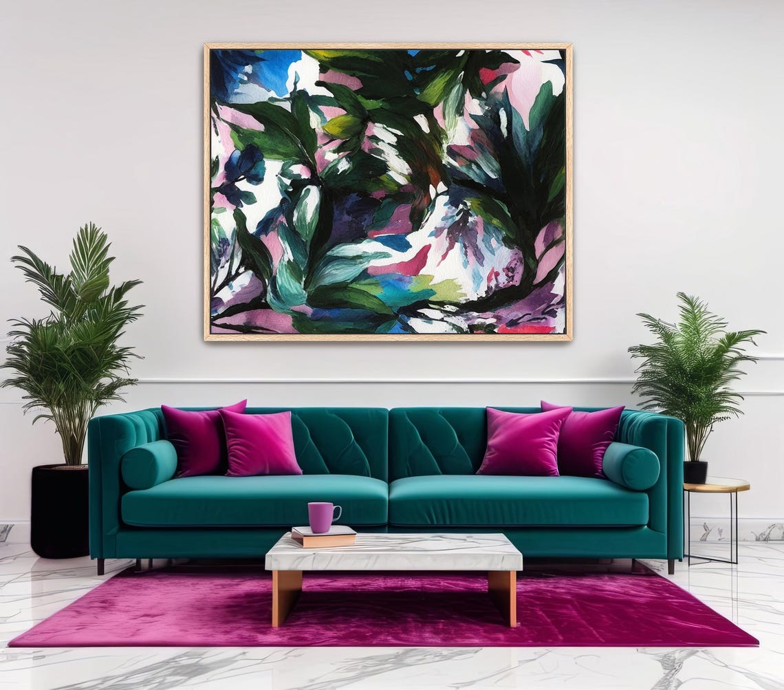 Hand Painted Abstract Acrylic Painting Large Artwork Art Black White Green Blue Pink Tropical Colorful Textured Framed Wall Decor - Image 2