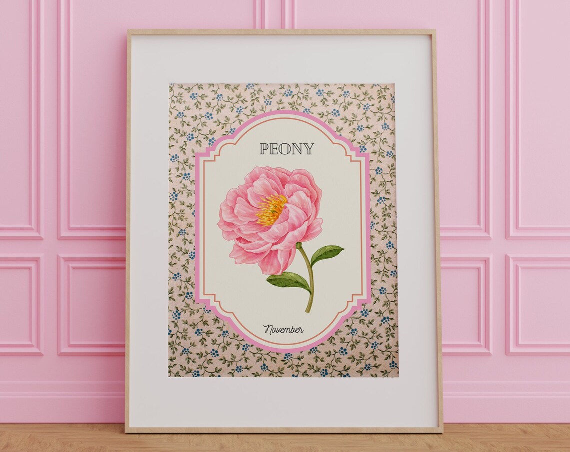 November Birth Flower Pink Peony Watercolor in Pink Label Frame Poster