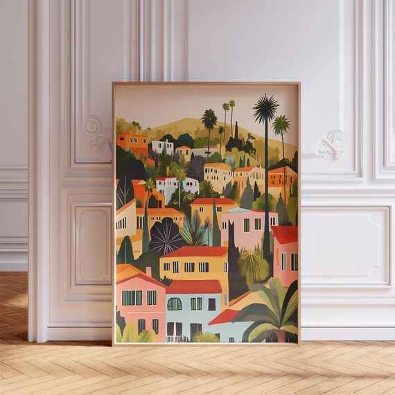 Los Feliz Los Angeles Hills Colorful Houses Palms Illustration Poster
