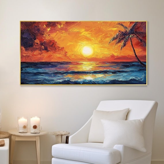Large Ocean Sunset Landscape Oil Painting Coconut Tree Island Acrylic Painting Sea Beach Vacation Texture Wall Art Sunrise Cloud Home Decor