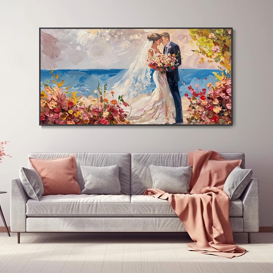 Romantic Seaside Wedding Couple Oil Painting Bride Groom Wall Art