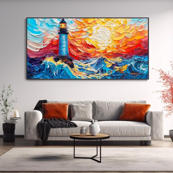 Lighthouse Ocean Storm Waves Sunset Textured Coastal Oil Painting Poster