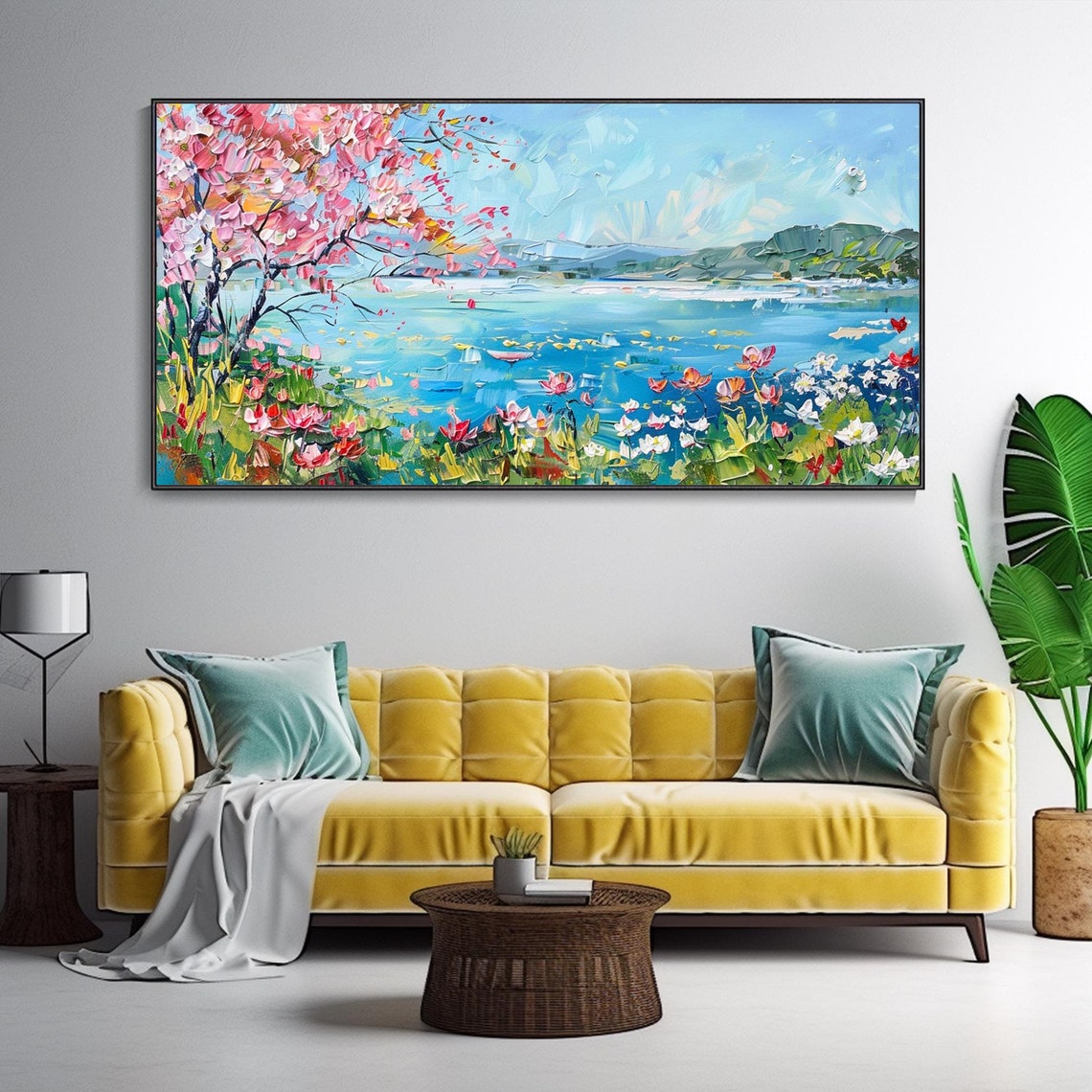 Spring Lakeside Cherry Blossom Oil Painting Lake View Floral Poster