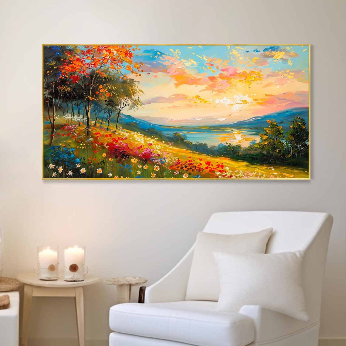 Wildflower Hillside Sunset Lake Mountain Landscape Oil Painting Poster