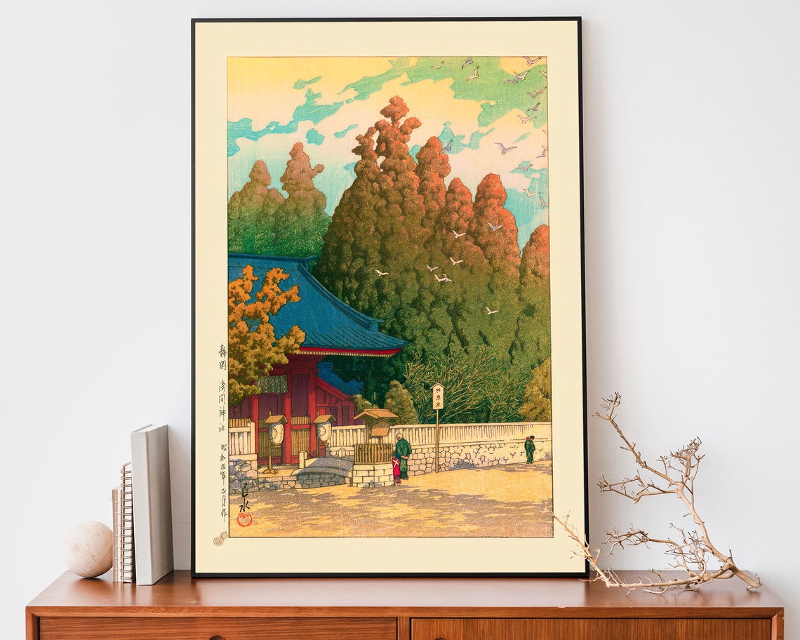 Japanese Red Shrine Autumn Trees Birds Woodblock Style Art Poster