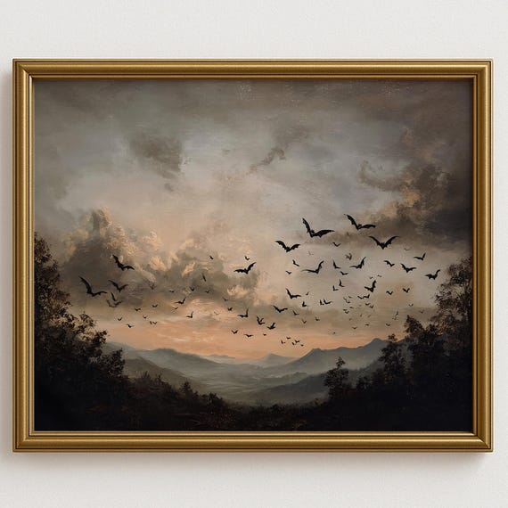 Bat Wall Art Gothic Halloween Oil Painting Print Spooky Dark Academia Landscape Vintage Haunted Sky Artwork