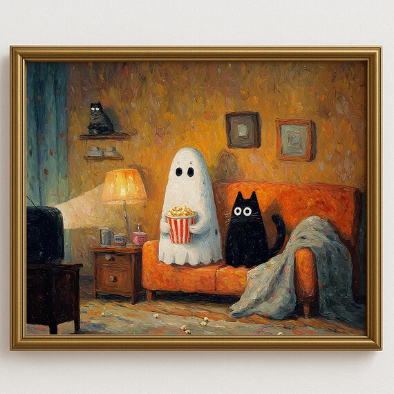 Cute And Black Cat Watching Tv Wall Art Halloween Oil Painting Style Cozy Autumn Spooky Room Decor