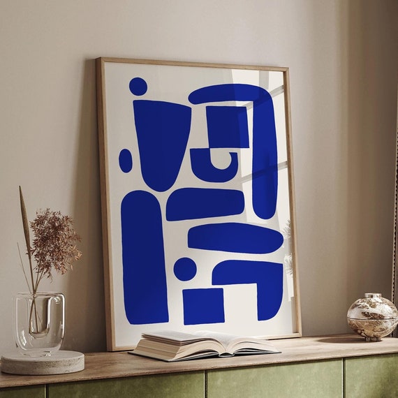 Modern Minimalist Blue Abstract Shapes Wall Art Bold Geometric Print Scandinavian Mid Century Decor Poster Indigo Art Contemporary Art