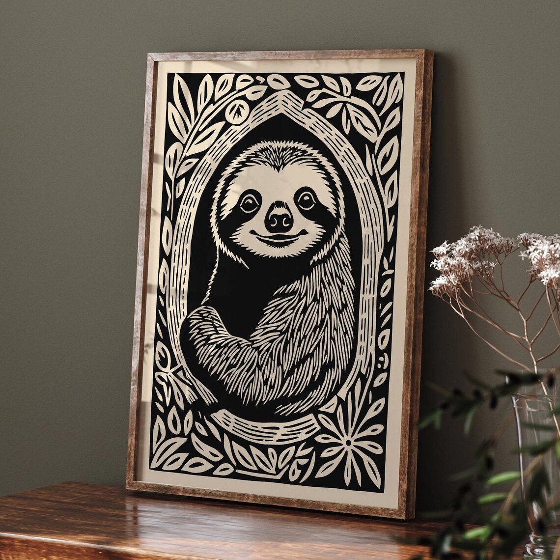 Vintage Woodcut Smiling Sloth Animal Portrait Vintage Poster