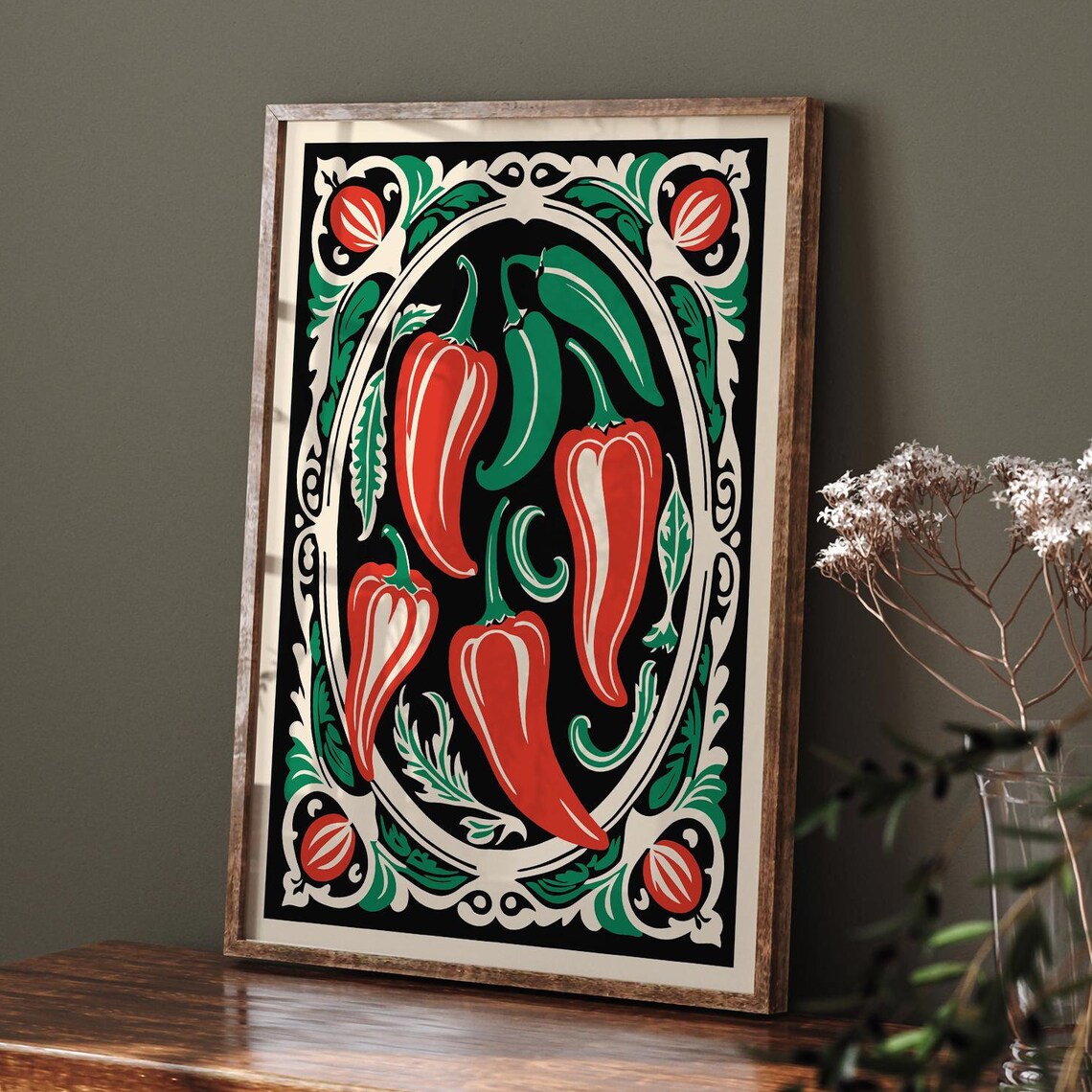 Rococo Peppers Art Print Poster Elegant Kitchen Wall Decor Victorian Vegetable Print Green Red Peppers Wall Art Airbnb Print