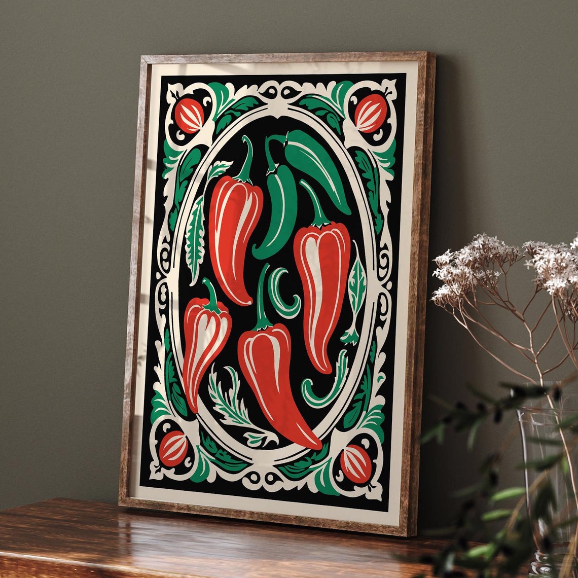 Rococo Red and Green Peppers Poster with Ornate Kitchen Artwork