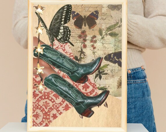 Green Cowboy Boots Vintage Butterfly Collage Western Fashion Wall Poster