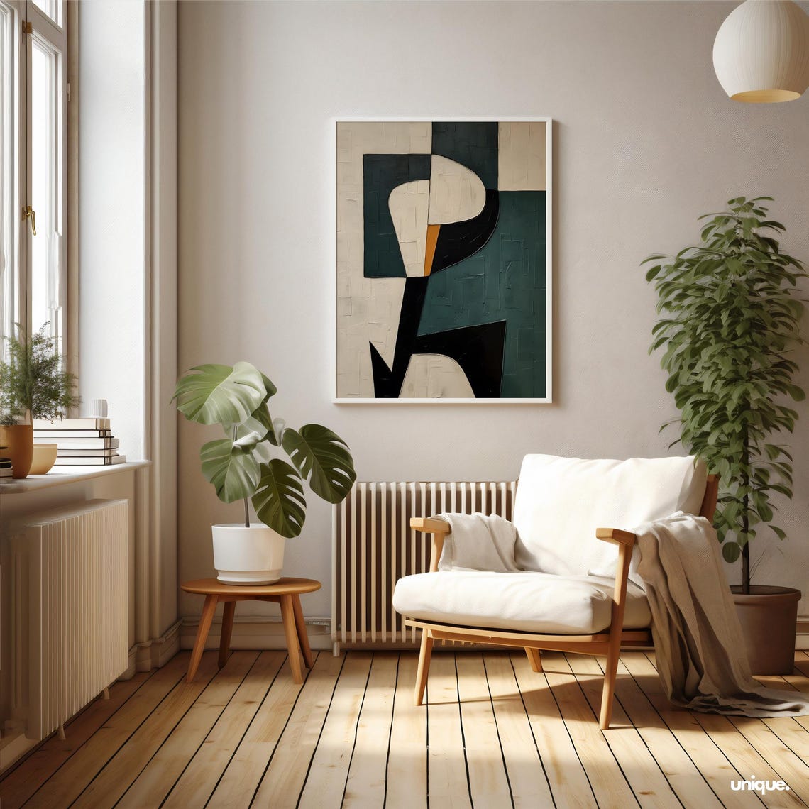 Mid Century Black Lines Geometric Abstract Teal and Cream Poster - Image 2