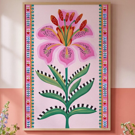 Bold Pink Lily Folk Art Striped Leaves Decorative Border Wall Art