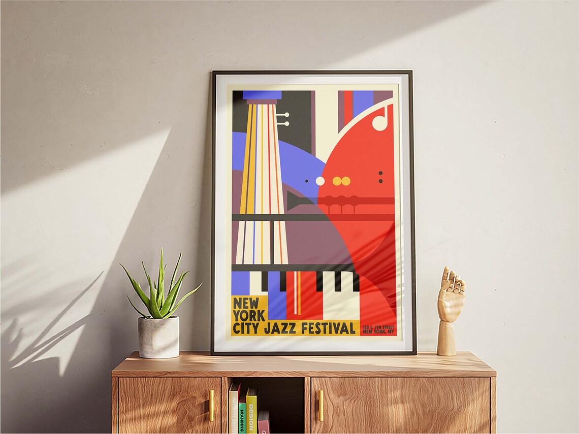 New York City Jazz Festival Cubist Instruments Blue Red Music Poster - Image 3