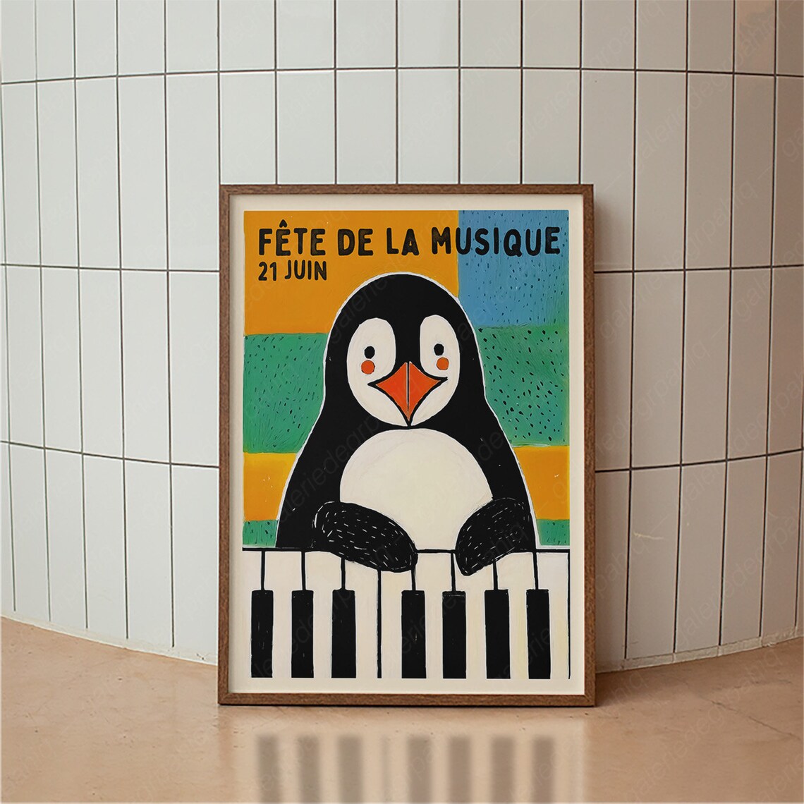 Retro Day of Music Penguin Poster, Vintage French Typography