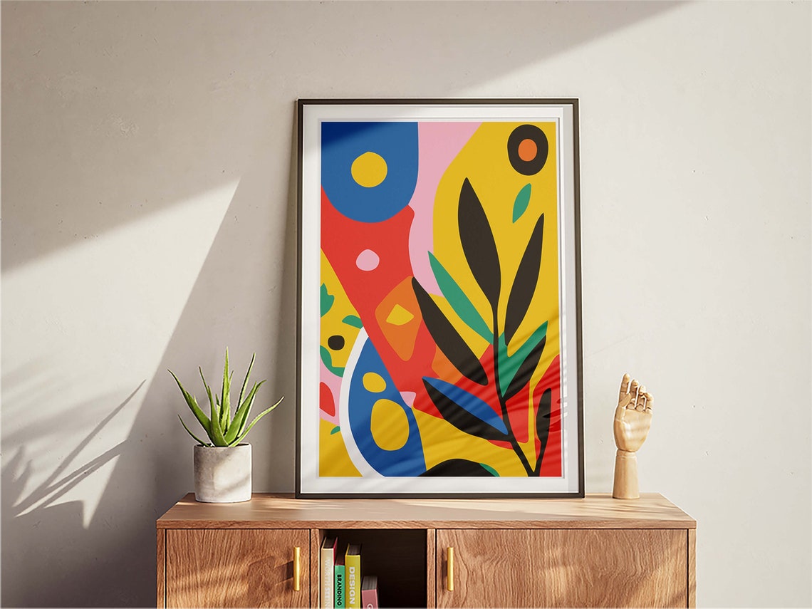 Colorful Abstract Botanical Blue Yellow Leaf Branch Modern Poster - Image 3