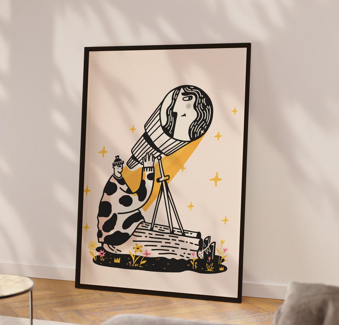 Woman With Telescope Line Art Stargazing Illustration Poster