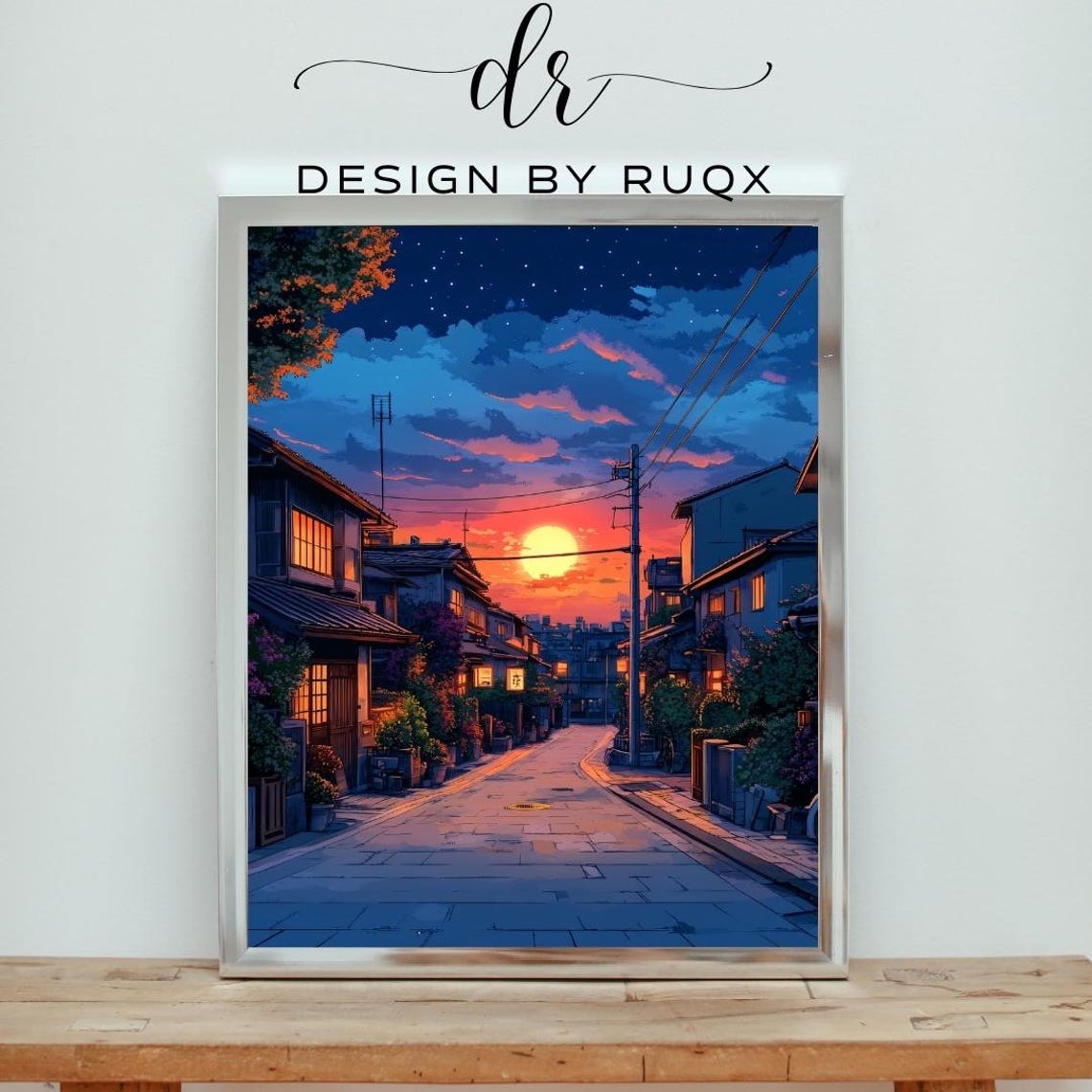 Anime Japanese Residential Street Sunset Glow Starry Sky Poster Art