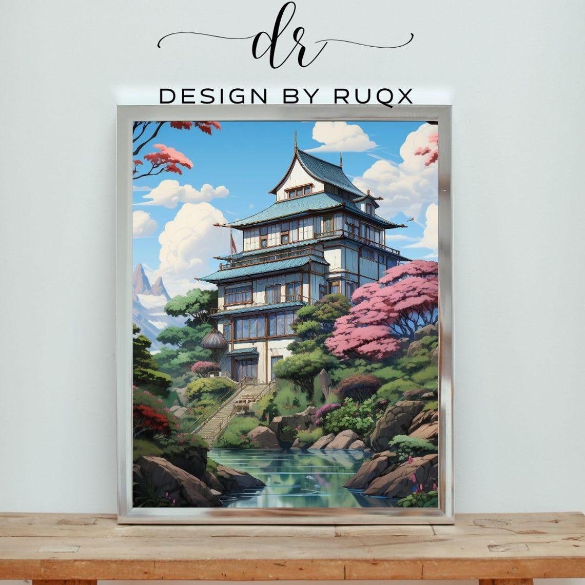 Japanese Pagoda Poster Traditional Temple Cherry Blossom Garden Art
