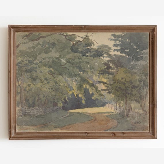 Vintage Watercolor Country Landscape Tree Art Print