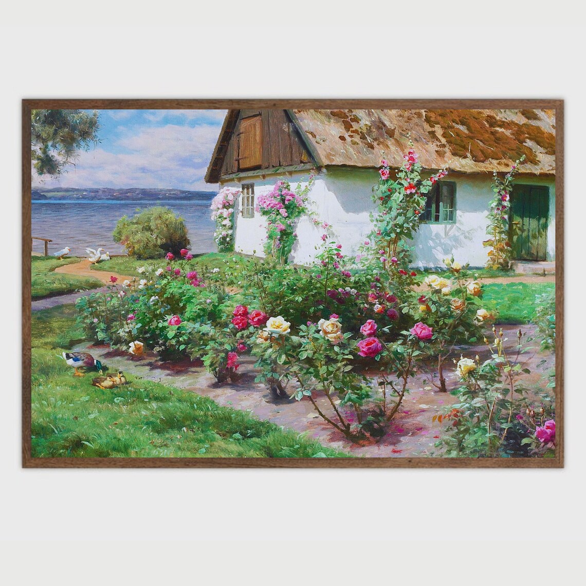 Vintage Cottage Rose Bush Floral Landscape Art Print - Image 2