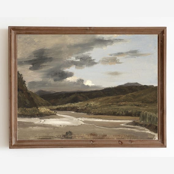 River Landscape Painting Vintage Art Print Moody Wall Art Country Artwork Art