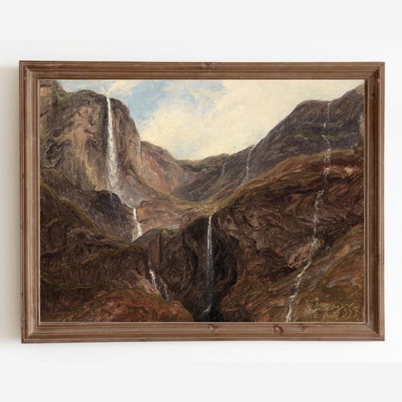 Mountain Landscape Painting Vintage Waterfall Print Antique Rustic Decor Art